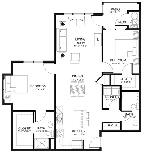 Floor plan for 2 beds, 2 baths, 1126 sqft
